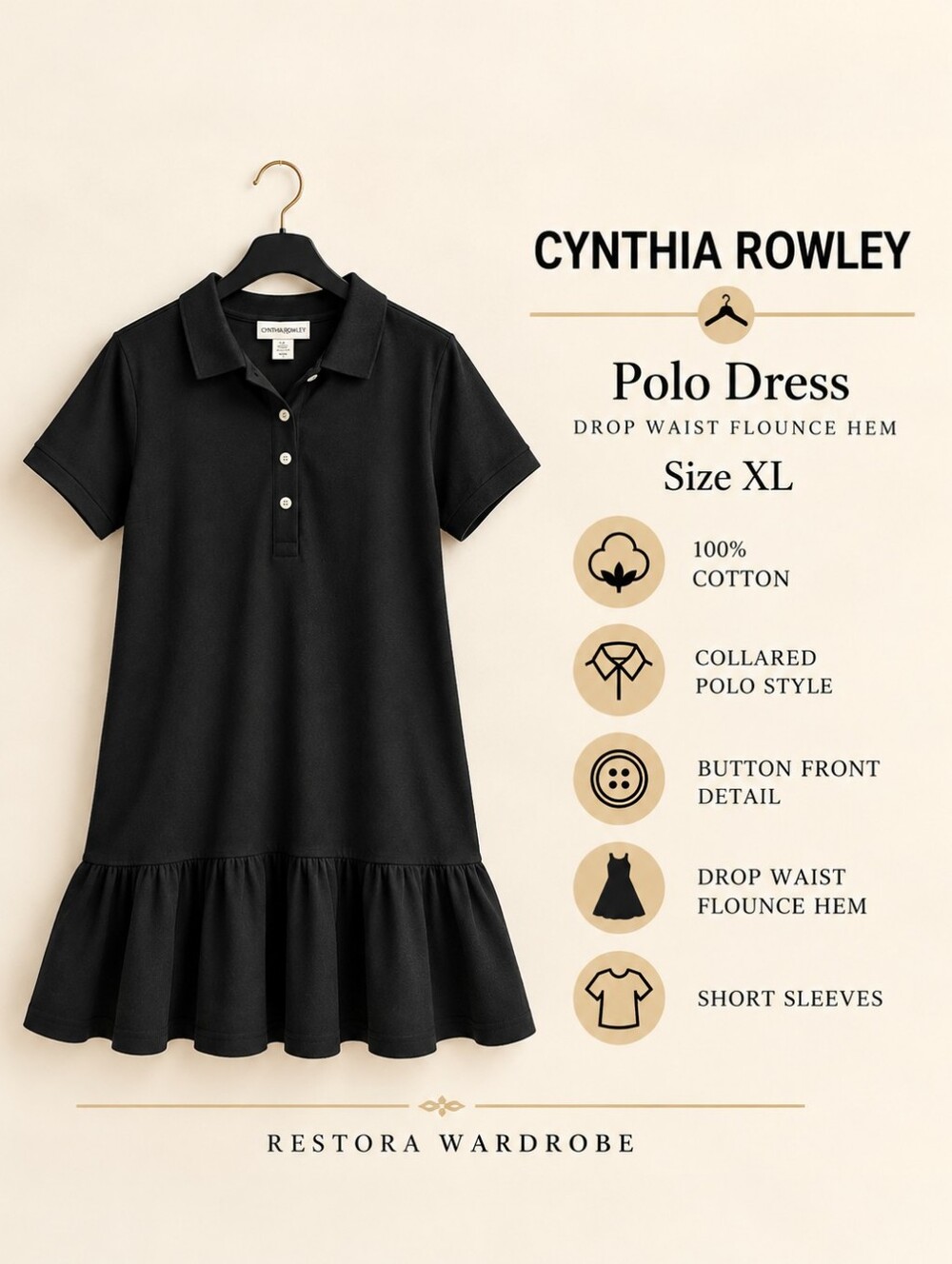 Cynthia Rowley Polo Dress Black Cotton Drop Waist Preppy Size XL
